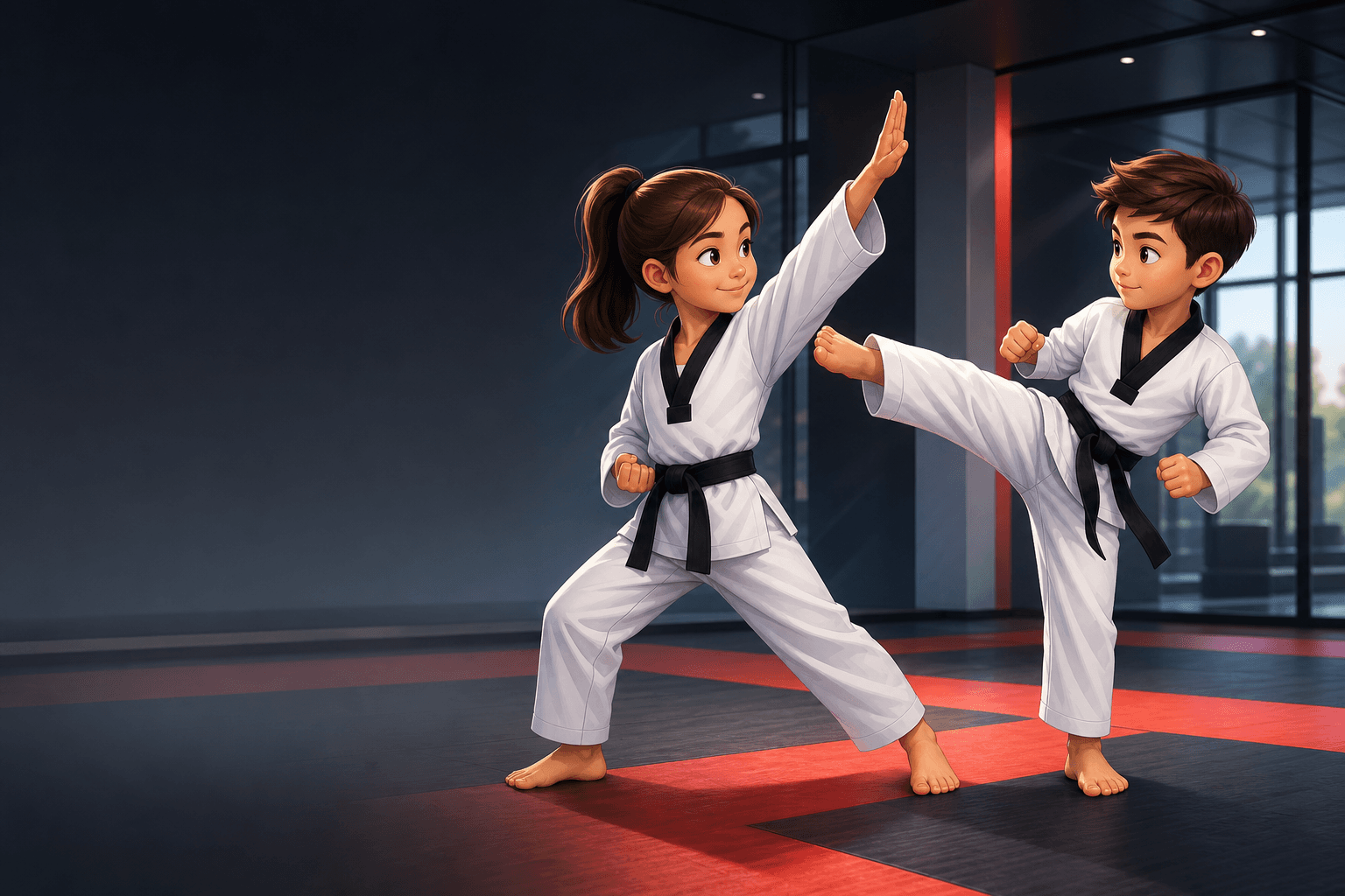 Cartoon children training Taekwondo at Pinnacle Taekwondo
